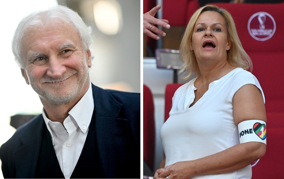 DFB-Sportdirektor Rudi Völler will die schwarz-rot-goldene Binde, Innenministerin Nancy Faeser (SPD) steht für „One Love“.