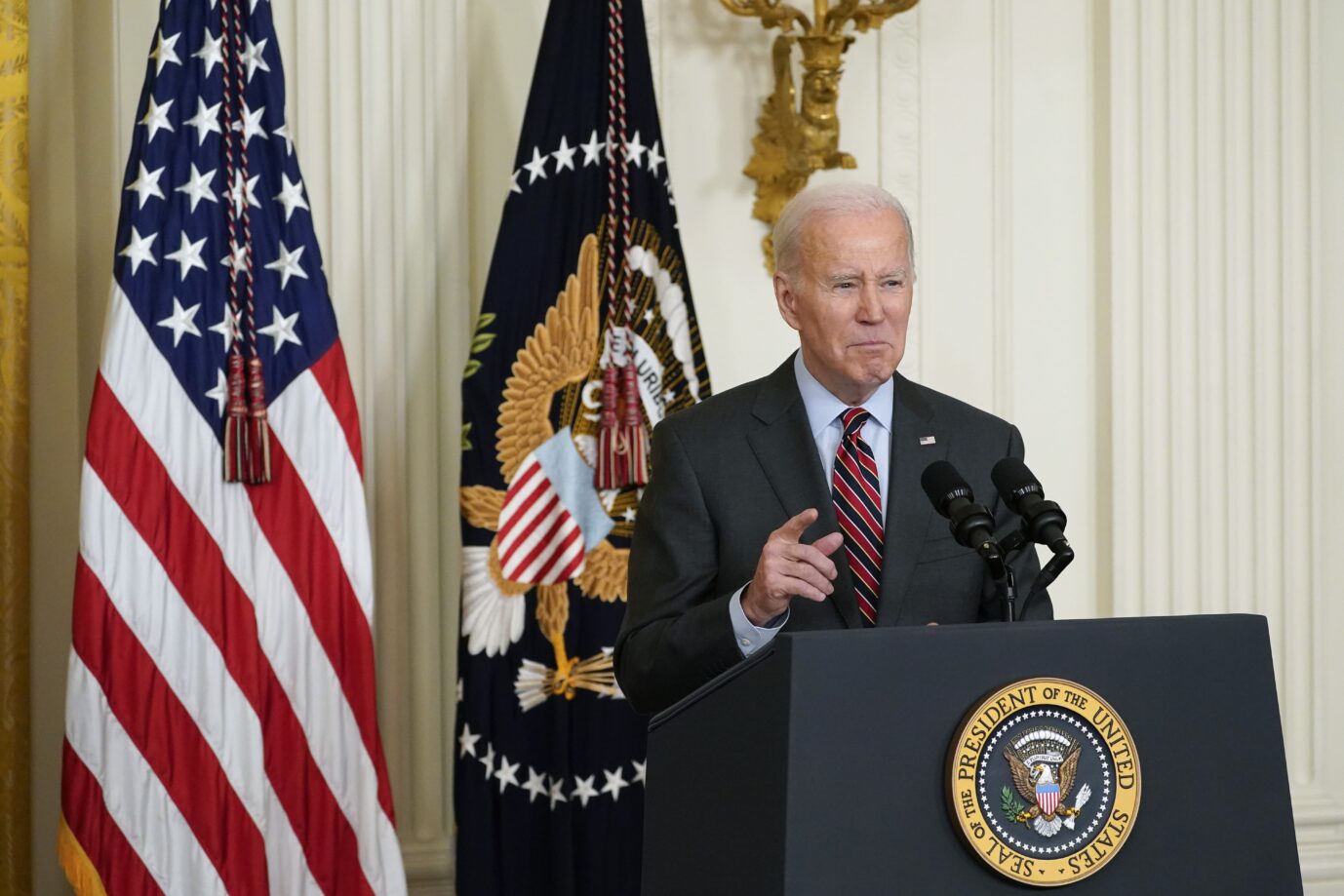 President Joe Biden speaks during an SBA Women's Business Summit in the East Room of the White House, Monday, March 27, 2023, in Washington. (AP Photo/Alex Brandon)