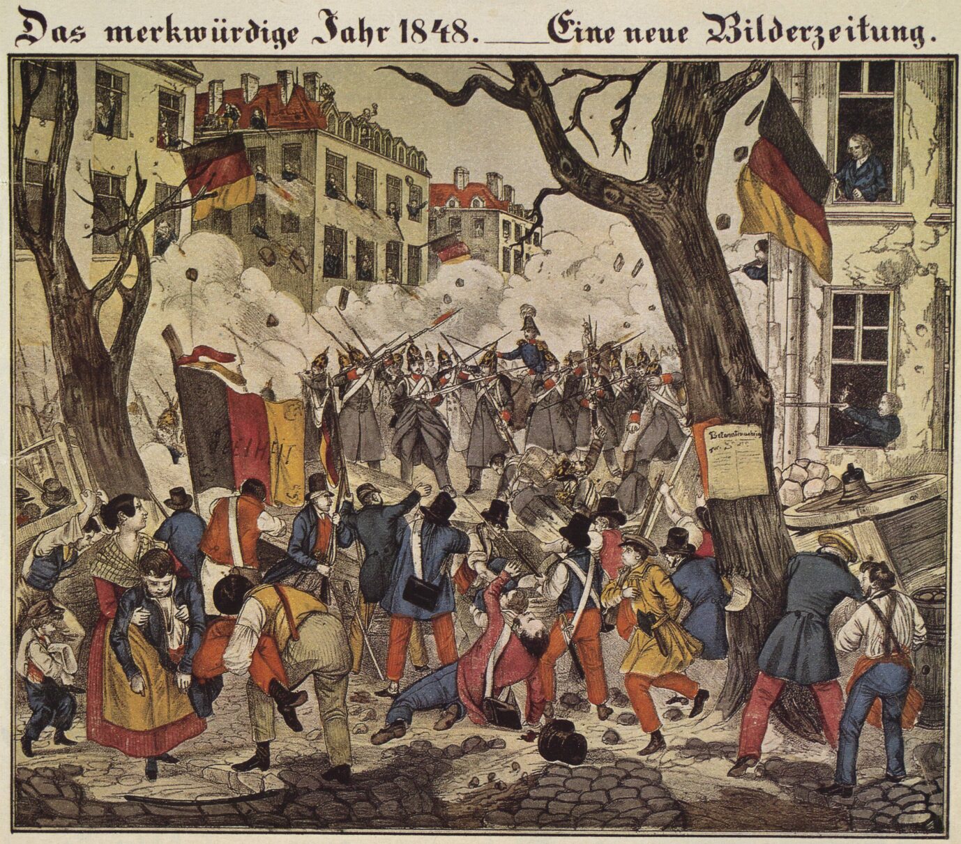 Die Malerei zeigt Kämpfe zwischen Soldaten und Demonstranten bei der Revolution von 1848.