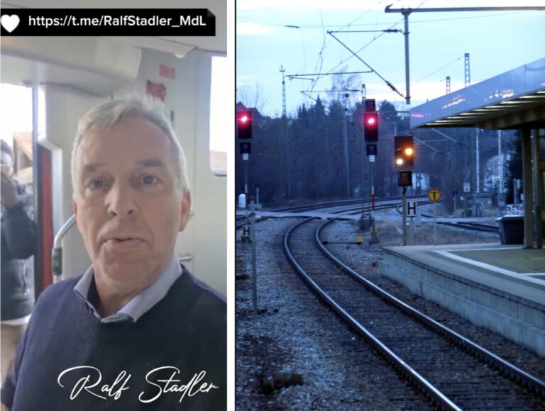 Der AfD-Landtagsabgeordnete Ralf Stadler in seinem selbstgedrehten Video (links), der Bahnhof in Moosburg (rechts)