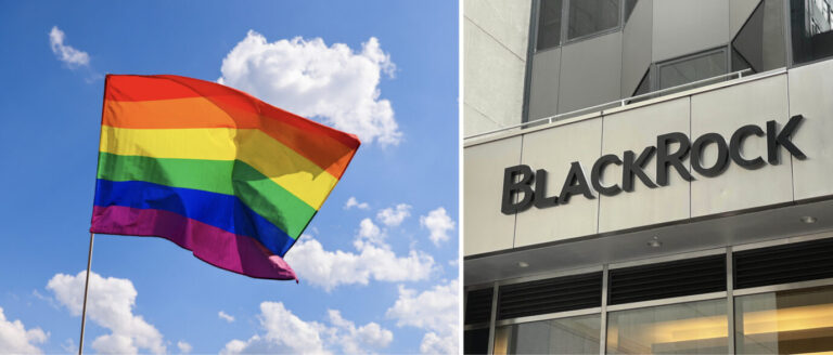 Die Fotomontage zeigt auf der linken Seite eine Regenbogenfahne und auf der rechten Seite den Schriftzug „Blackrock“ an der Fassade eines Bürogebäudes in New York City.
