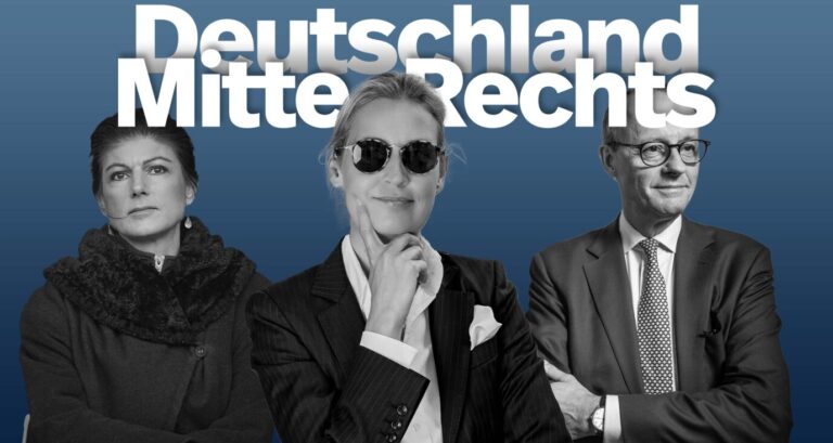 Sarah Wagenknecht, Alice Weidel, Friedrich Merz. Es geht um eine Umfrage zu Deutschland Mitte Rechts.