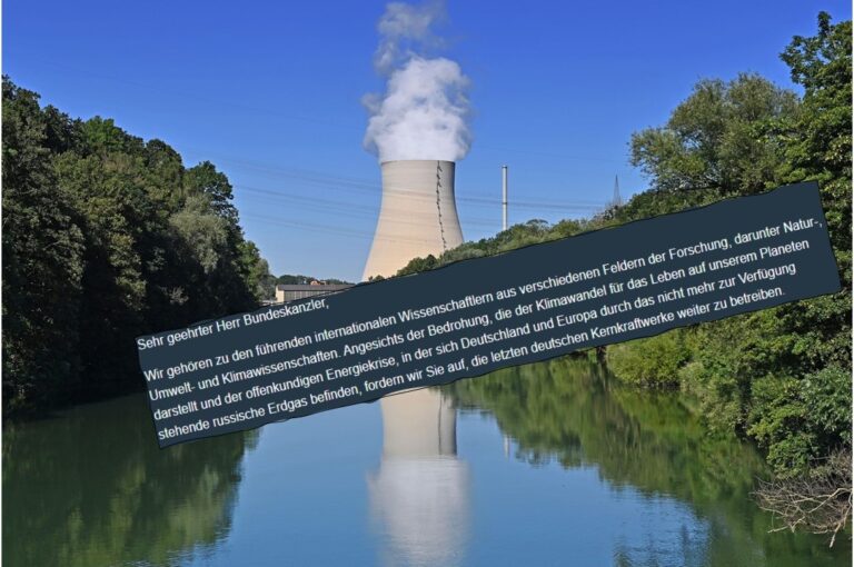 Das Kernkraftwerk Isar und ein Ausriß aus dem Offenen Brief an Kanzler Olaf Scholz, mit dem sich die Wissenschaftler gegen den Atomausstieg wenden.