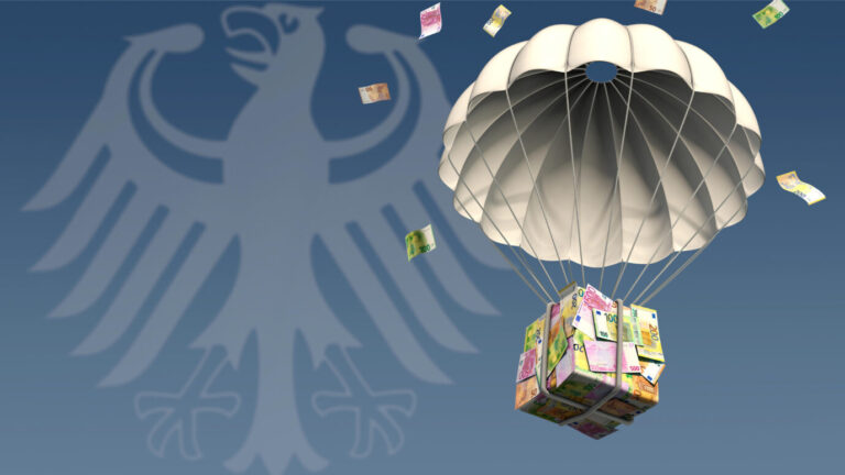 Die Bildmontage zeigt den Adler der Bundesrepublik Deutschland und Geldscheine, die per Fallschirm vom Himmel fallen.