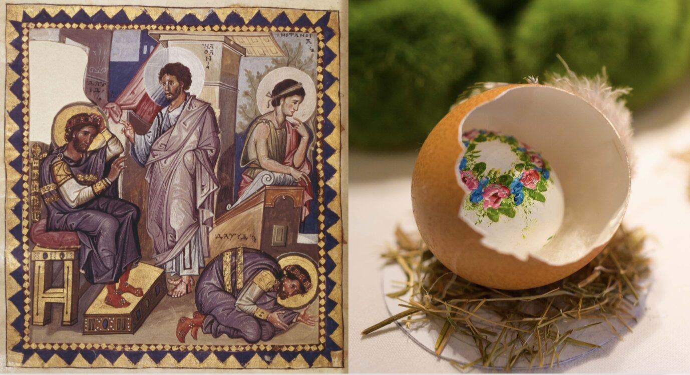 Ostern ist die Zeit der Metanoia, der Verwandlung in das Ideal. „Davids Buße“, byzantinische Malerei aus dem 10. Jh. // Ostereier