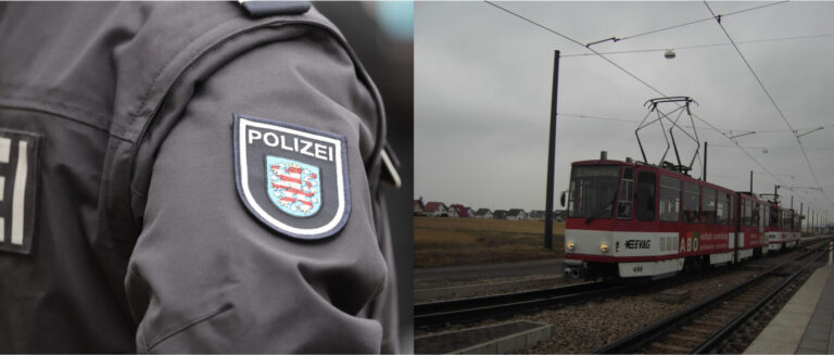 Logo der Polizei Erfurt (links), Erfurter Straßenbahn (rechts)
