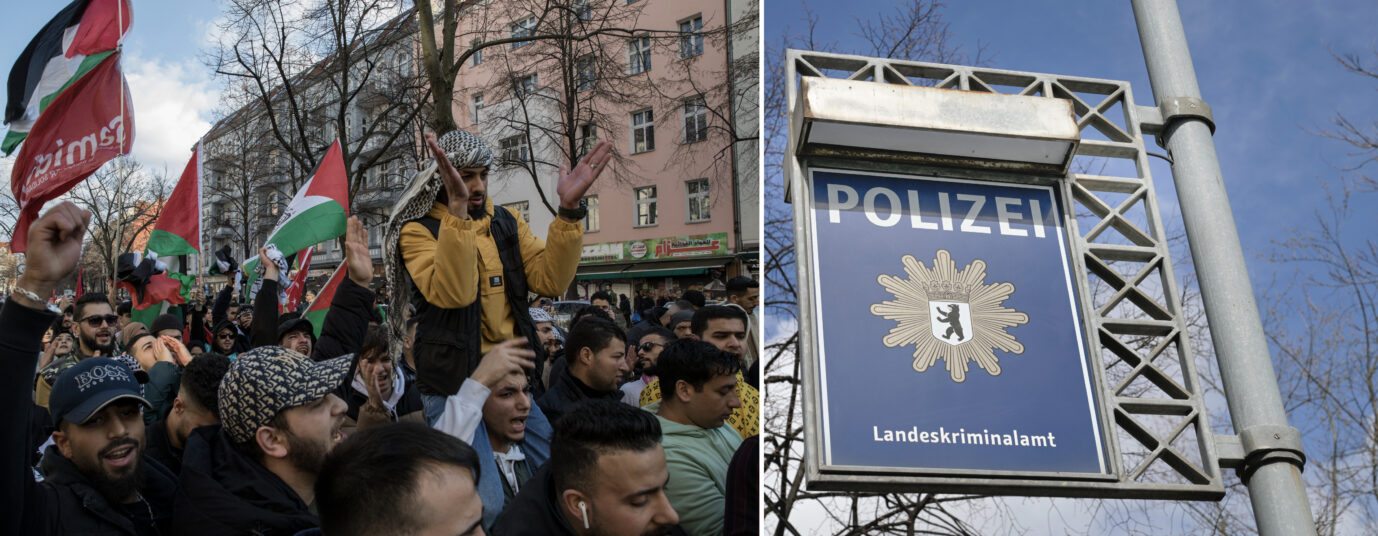 Die Bildmontage zeigt auf der linken Seite pro-palästinensische Demonstranten und auf der rechten Seite ein Schild der Berliner Polizei.