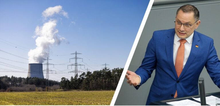 Das Atomkraftwerk Emsland in Lingen (Foto vom 05.04.2023) wird am 15. April 2023 als eines der letzten drei noch laufenden Atomkraftwerke in Deutschland abgeschaltet und der AfD-Vorsitzende Tino Chrupalla spricht im Deutschen Bundestag