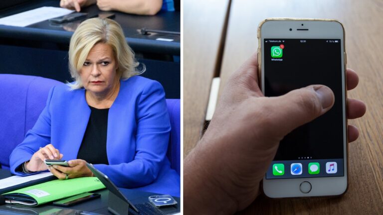 Überwachung: Innenministerin Nancy Faeser (SPD) hat der Kontrolle von E-Mails und Chats zugestimmt. Foto: picture alliance (2)/dpa | Bernd von Jutrczenka & Fotostand | Fotostand / K. Schmitt