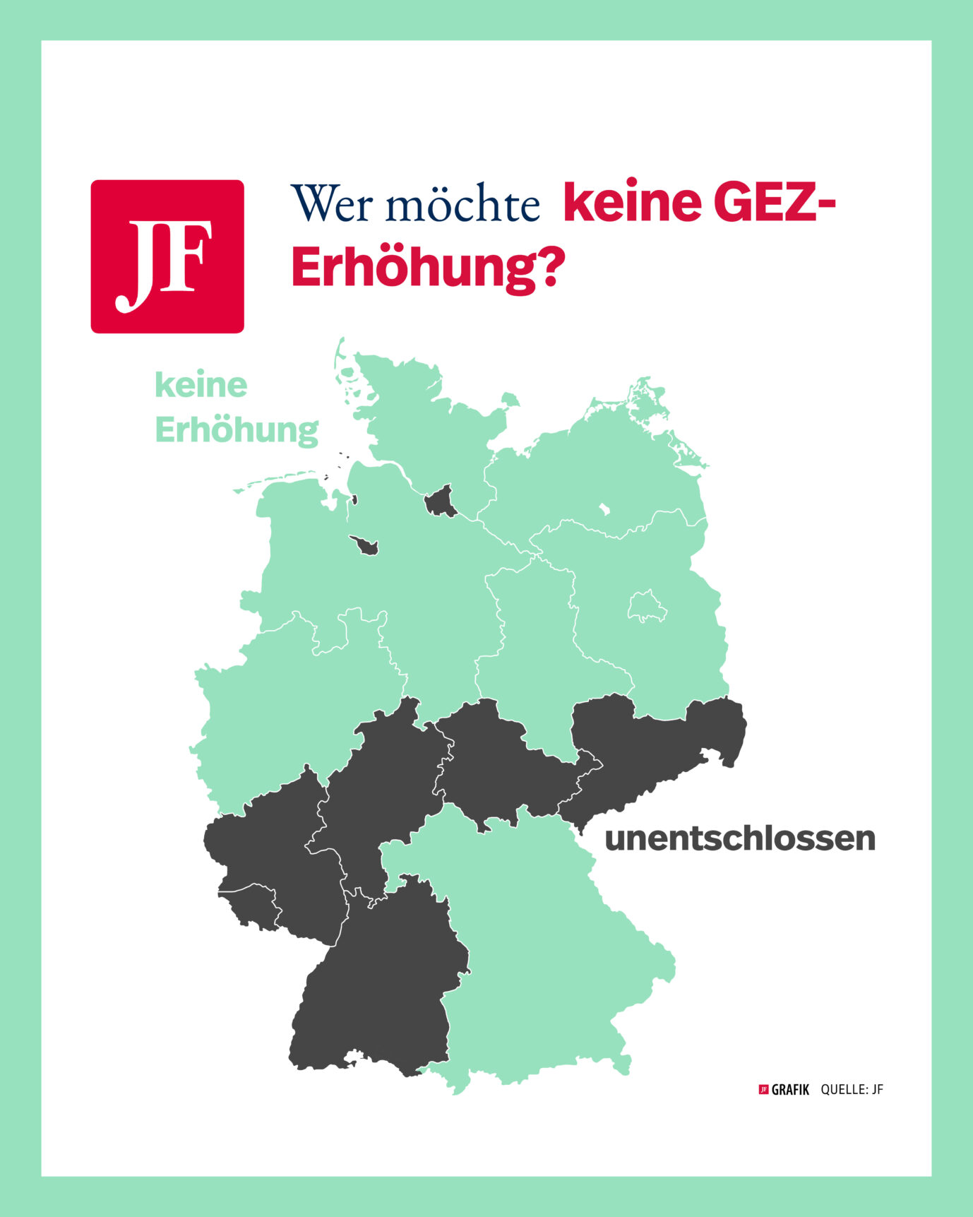 Übersichtskarte Deutschlands mit Bundesländern und deren Einstellung zur GEZ-Erhöhung
