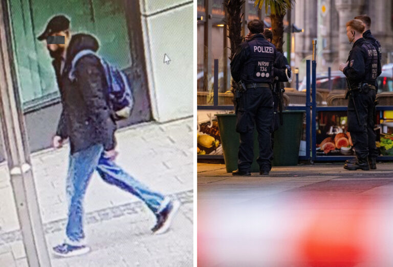 Fahndungsfoto des Tatverdächtigen Syrers und Polizisten am Tatort in Duisburg