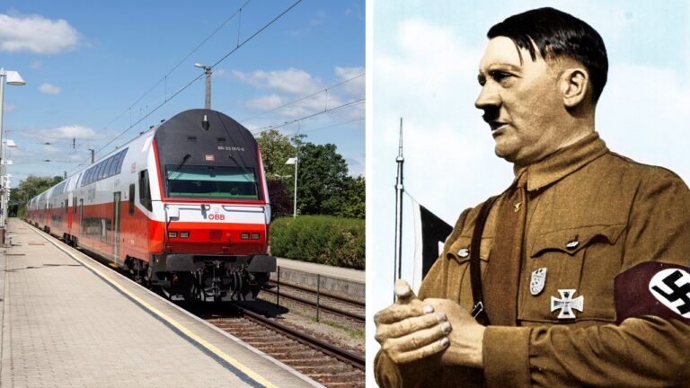 Die Reden Adolf Hitlers beschallen die Waggons eines ÖBB-Zuges.