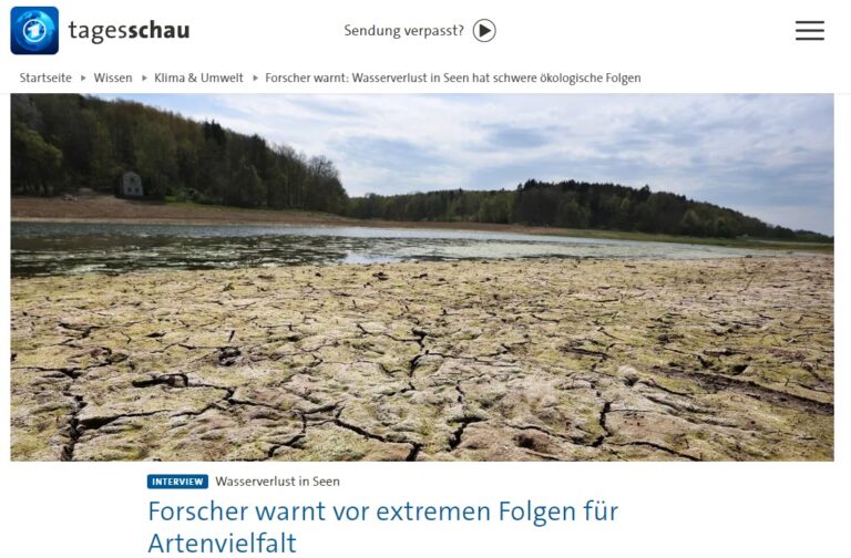 "Tagesschau"-Bericht mit Foto vom Ellertshäuser See. Aus dem Gewässer wurde Wasser abgelassen, um Rohre sanieren zu können.