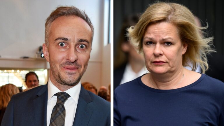 ZDF-Agitator Jan Böhmermann (links) erhob haltlose Vorwürfe gegen Cyberabwehr-Chef Arne Schönbohm, die sich Innenministerin Nancy Faeser (rechts, SPD) zu eigen machte.