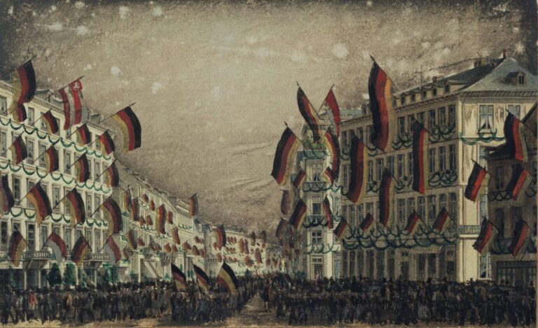 Frankfurt am Main zeigte sich anläßlich der Eröffnung der Nationalversammlung in der Paulskirche am 18. Mai 1848 im prächtigen Fahnenschmuck.