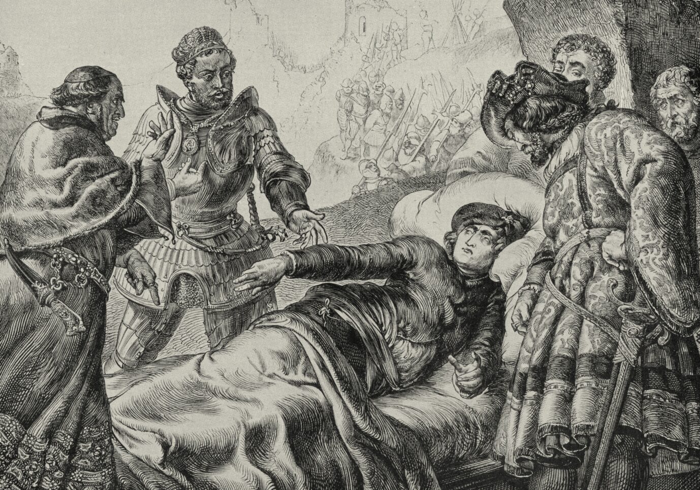 Franz von Sickingen auf dem Sterbebett im Kreis seiner Getreuen. Die Belagerung durch seine Feinde überlebte er nicht.