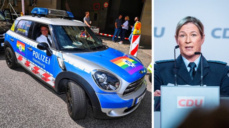 Verstöße gegen das Neutralitätsgebot? Ein Hamburger Polizeiauto in Regenbogenfarben und Claudia Pechstein bei ihrer Rede auf dem CDU-Programmkonvent.