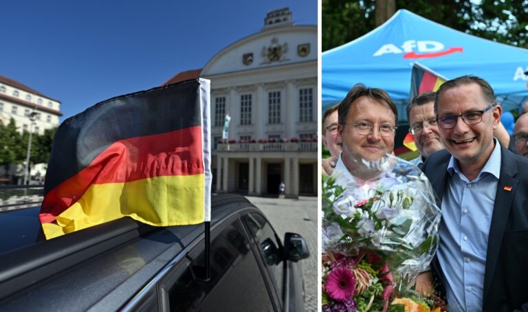 Auto mit Deutschlandfahne vor dem Sonneberger Rathaus und der siegreiche AfD-Landratskandidat Robert Sesselberg mit Parteichef Tino Chrupalla.