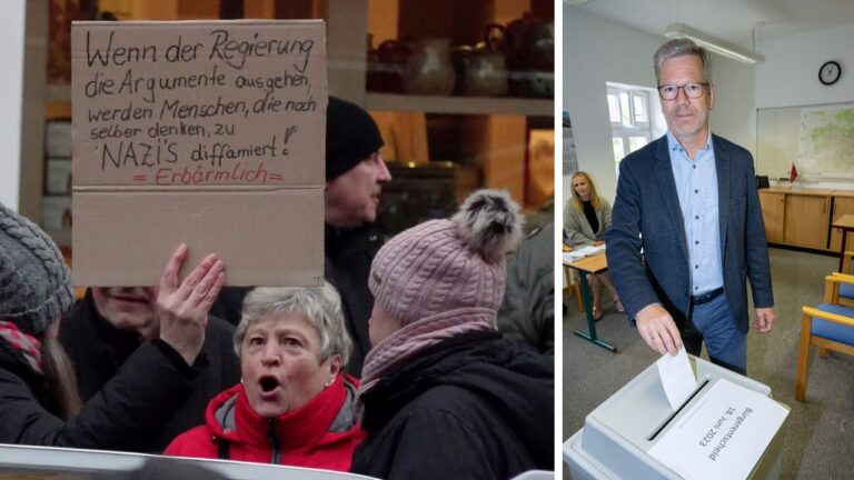 Demonstranten gegen die Asylunterkünfte wehrten sich gegen Diffamierung. Greifswalds Oberbürgermeister Fassbinder (Grüne, rechts) stimmte für die Container.