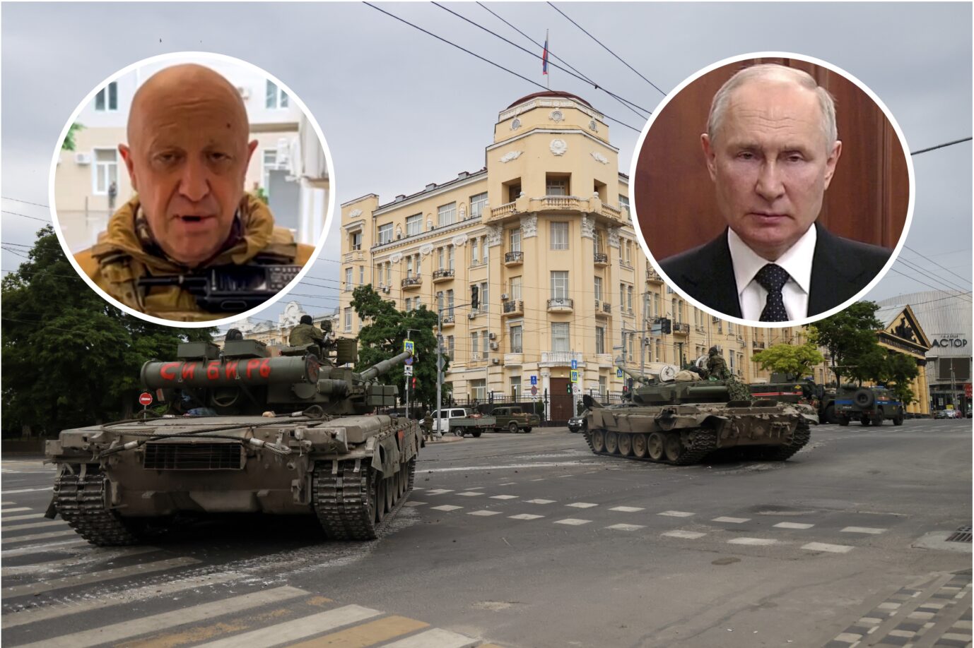 Truppen der Wagner-Einheiten in Rostov am Don am 24. Juni 2023 und Bilder von Putin und wagner-Chef Prigoschin