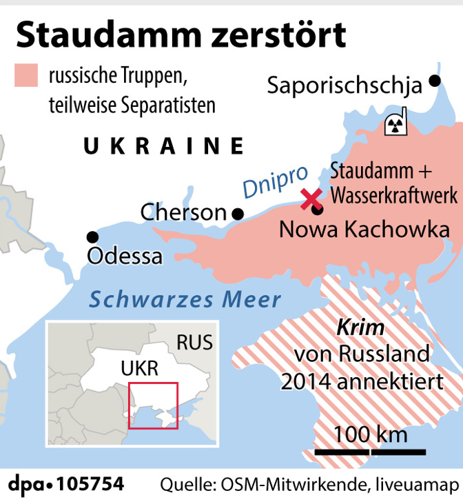 Der zerstörte Staudamm in der Ukraine liegt am Dnipro. 