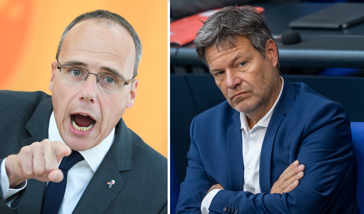 Hessens Innenminister Peter Beuth (CDU, links) und Wirtschaftsminister Robert Habeck (Grüne): Bei der Frage, ob Razzien gegen Klimakleber gerechtfertigt sind, kommen sie nicht auf einen Nenner