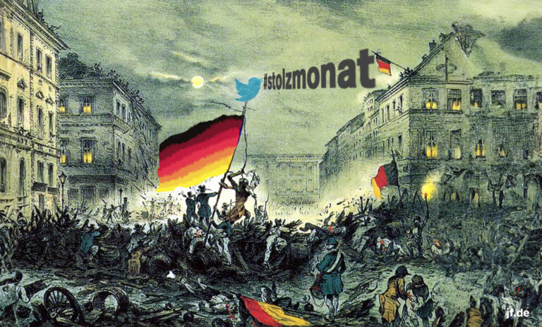 Das Bild "Erinnerung an den Befreiungskampf in der verhängnisvollen Nacht 18.-19. März 1848" zeigt die Revolution von 1848 und die Barrikadenkämpfe danach. Das Bild wurde wegen des Stolzmonat um ein Twitter-Symbol ergänzt.