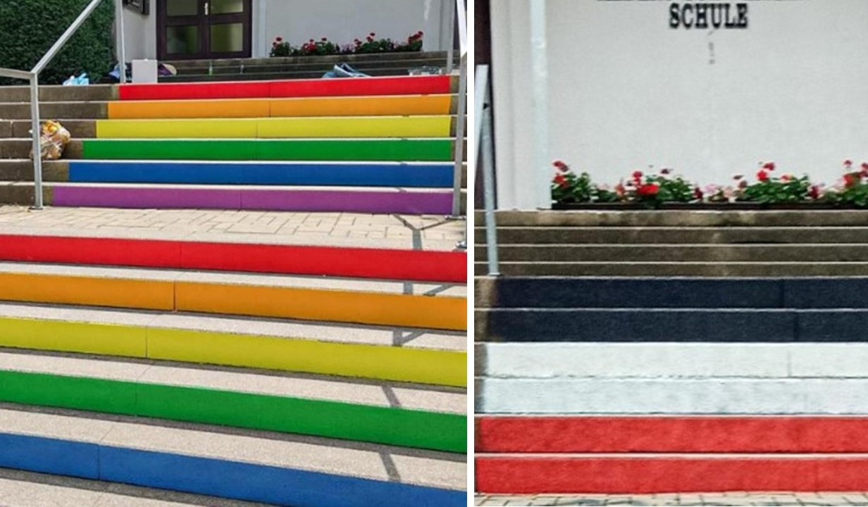 Die Regenbogentreppe zur Albert-Schweitzer-Schule wurde schwarz-weiß-rot übermalt.