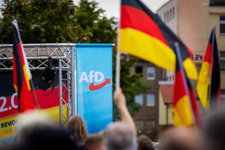 Das Bild zeigt Anhänger der AfD, die Deutschlandfahnen vor einer Bühne schwenken.