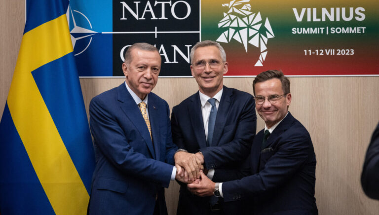 Handout photo shows NATOSecretary General Jens Stoltenberg, President of Turkey Recep Tayyip Erdogan and Prime Minister of Sweden, Ulf Kristersson meeting within the NATO Vilnius Summit in Vilnius, Lithuania on July 10, 2023. Sweden is to be allowed to join Nato after Turkey's president, Recep Tayyip Erdogan, agreed to set aside his veto and recommend to his parliament that Sweden's application go ahead. The Monday night breakthrough came in last-ditch talks on the eve of the Nato summit in Vilnius, Lithuania. Photo by NATO via ABACAPRESS.COM