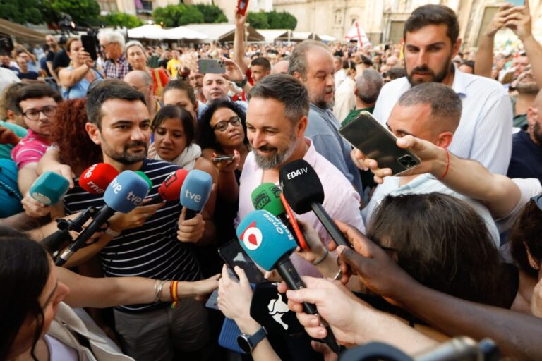 The president of Vox and candidate of the party to the Presidency of the Government, Santiago Abascal (c), attends to the media in a public act, in the Plaza del Cardenal Belluga, on July 20, 2023, in Murcia, Region of Murcia, Spain. Vox celebrates this electoral campaign event three days before the general elections on July 23. Photo by Edu Botella/Europa Press/ABACAPRESS.COM