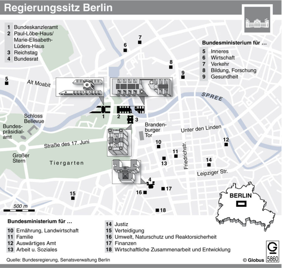 Das Regierungsviertel in Berlin mit den einzelnen Behörden Grafik: picture-alliance/ dpa-infografik | dpa-infografik