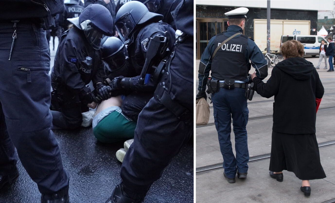 Die Fotomontage zeigt links eine Verhaftung durch die Polizei bei einer Corona-Demonstration und rechts einen Polizisten, der einer Seniorin über die Straße hilft.