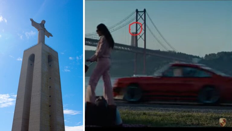 Porsche canelt Jesus: Die riesige Jesus-Statue von Lissabon ist im Porsche-Werbevideo so bearbeitet, daß nur der Sockel übrig bleibt.