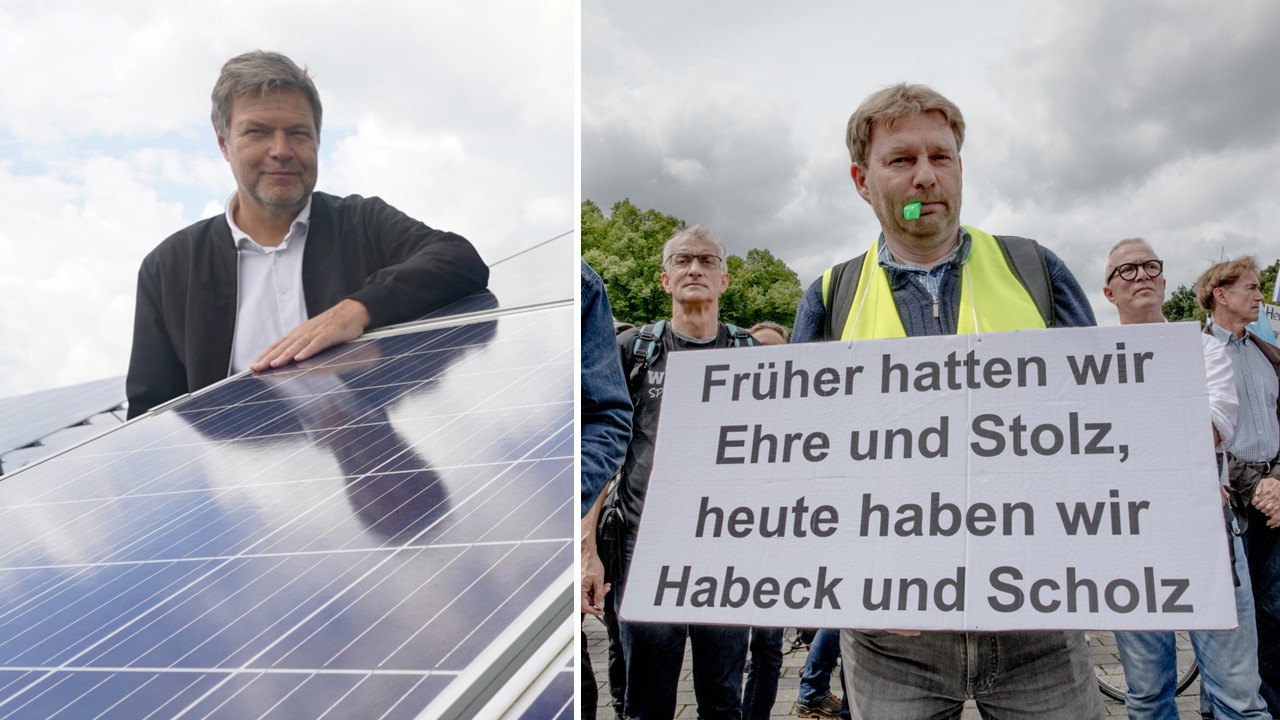 Wirtschaftsminister Robert Habeck posiert in einem Solarpark. Protest gegen ihn und die Bundesregierung am 5. August in Berlin. Der CO2-Preis wird nun noch stärker steigen als ohnehin geplant.