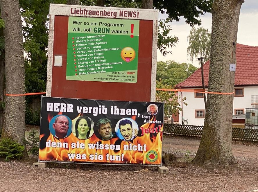 Zwei der Plakate gegen die Grünen und die Ampel am „Liebfrauenberg“ an der Südlichen Weinstraße.