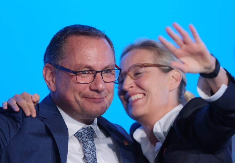 Die AfD-Vorsitzenden Tino Chrupalla und Alice Weidel können sich weiter über gute Umfragewerte freuen.