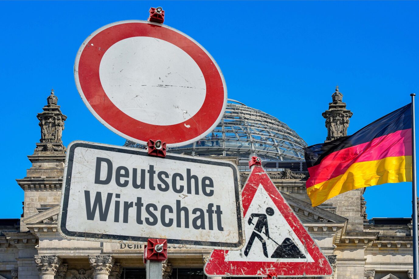 Fiktives Straßenschild am Bundestag - Wohin soll es gehen, Deutsche Wirtschaft?