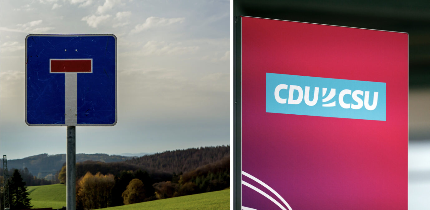Das Bild zeigt auf der linken Seite ein Sackgassen-Schild und auf der rechten Seite das Logo von CDU/CSU. Die Montage soll symbolisieren, daß die Union politisch in einer Sackgasse steckt.