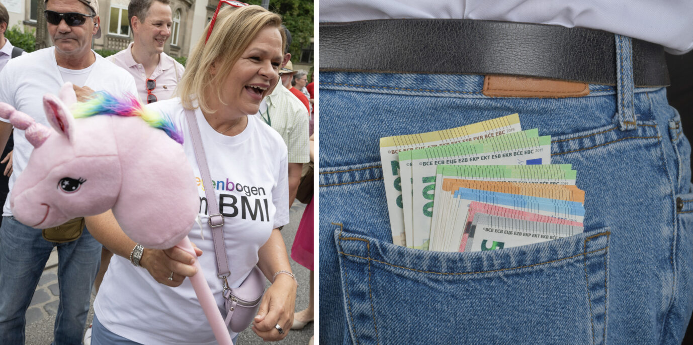 Die Fotomontage zeigt links Bundesinnenministerin Nancy Faeser von der SPD und rechts Euro-Scheine in einer Jeanshose. Die Bundesregierung gab seit 2020 mehr als 29 Millionen Euro für Eigenwerbung aus.