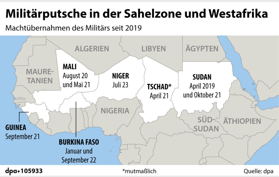 Seit 2020 hat es in sechs Ländern der Region Staatsstreiche gegeben Foto: picture alliance/dpa/dpa Grafik | dpa-infografik GmbH