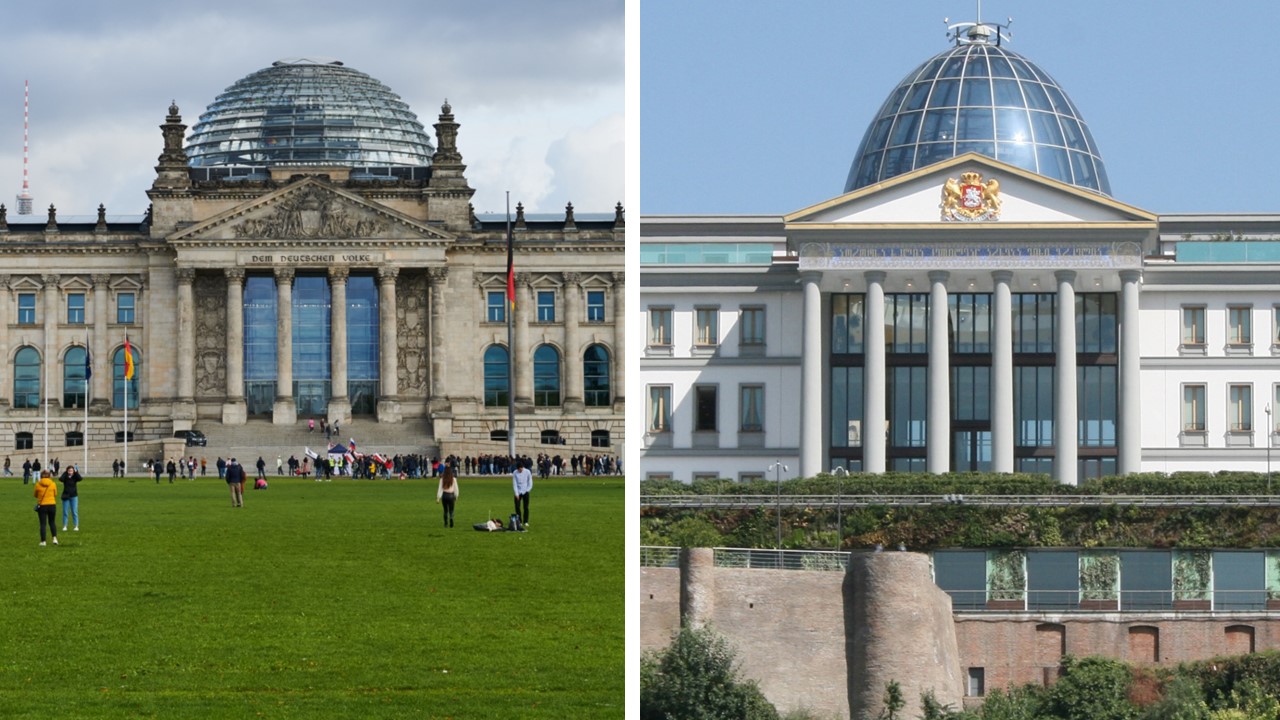 Erkennen Sie den Unterschied? Die CDU kann den Reichstag (links) nicht vom Präsidentenpalast in Tiflis unterscheiden. Fotos: picture alliance/dpa (2) Annette Riedl | Ulf Mauder
