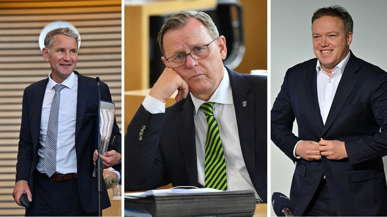 Thüringen: AfD-Chef Björn Höcke (links) und CDU-Chef Mario Voigt (rechts) nehmen Thüringens Ministerpräsidenten Bodo Ramelow in die Zange.