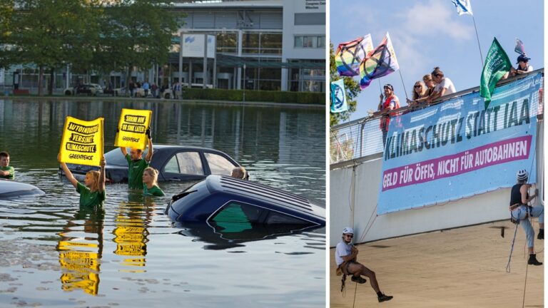 Zwei der Protestaktionen gegen die IAA am Montag.