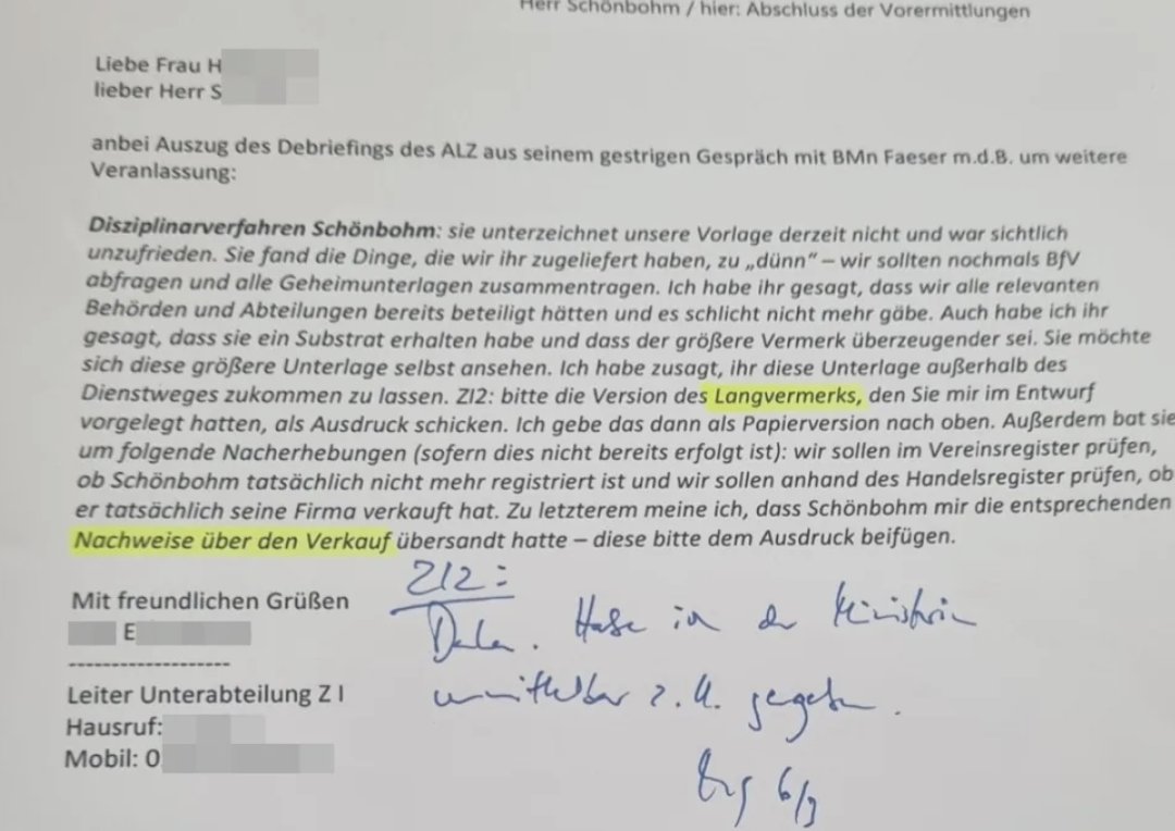 Der Vermerk aus dem Innenministerium, der belegt, daß Faeser den Verfassungsschutz gegen Schönbohm einschalten ließ.