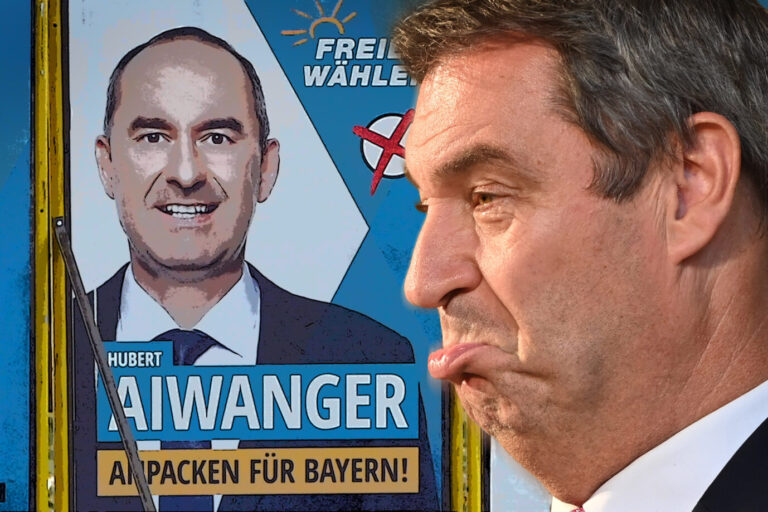 FOTOMONTAGE:Causa Aiwanger um antisemitisches Flugblatt:Markus SOEDER (Ministerpraesident Bayern und CSU Vorsitzender) wartet auf Antworten von Hubert Aiwanger auf die 25 Fragen. Wahlplakate Hubert Aiwanger / Freie Waehler zur Landtagswahl 2023 in Bayern in der Innenstadt von Muenchen. ?