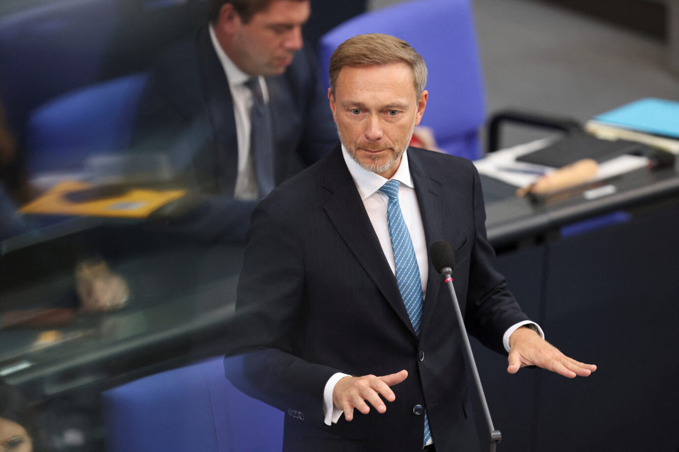 German Finance Minister Christian Lindner gestures during a session of the lower house of parliament, Bundestag, at the Reichstag building, in Berlin, Germany September 27, 2023. REUTERS/Liesa Johannssen