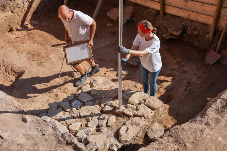 Grabungsleiter Holger Grönwald und Grabungshelferin Laura Schmitt vermessen eine mögliche Reliquienstätte auf dem Gelände des Klosters Memleben. Das Landesamt für Denkmalpflege und Archäologie Sachsen-Anhalt sucht gemeinsam mit der Uni Halle und der Hochschule Anhalt nach neuen Erkenntnissen zum Sterbeort Ottos des Großen in Memleben.