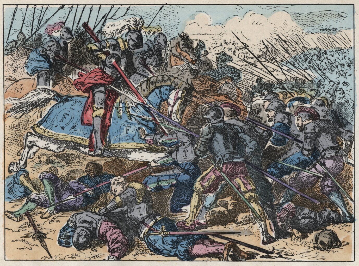 Landsknechte wehren einen Reiterangriff in der Schlacht von Marignano 1515 ab.