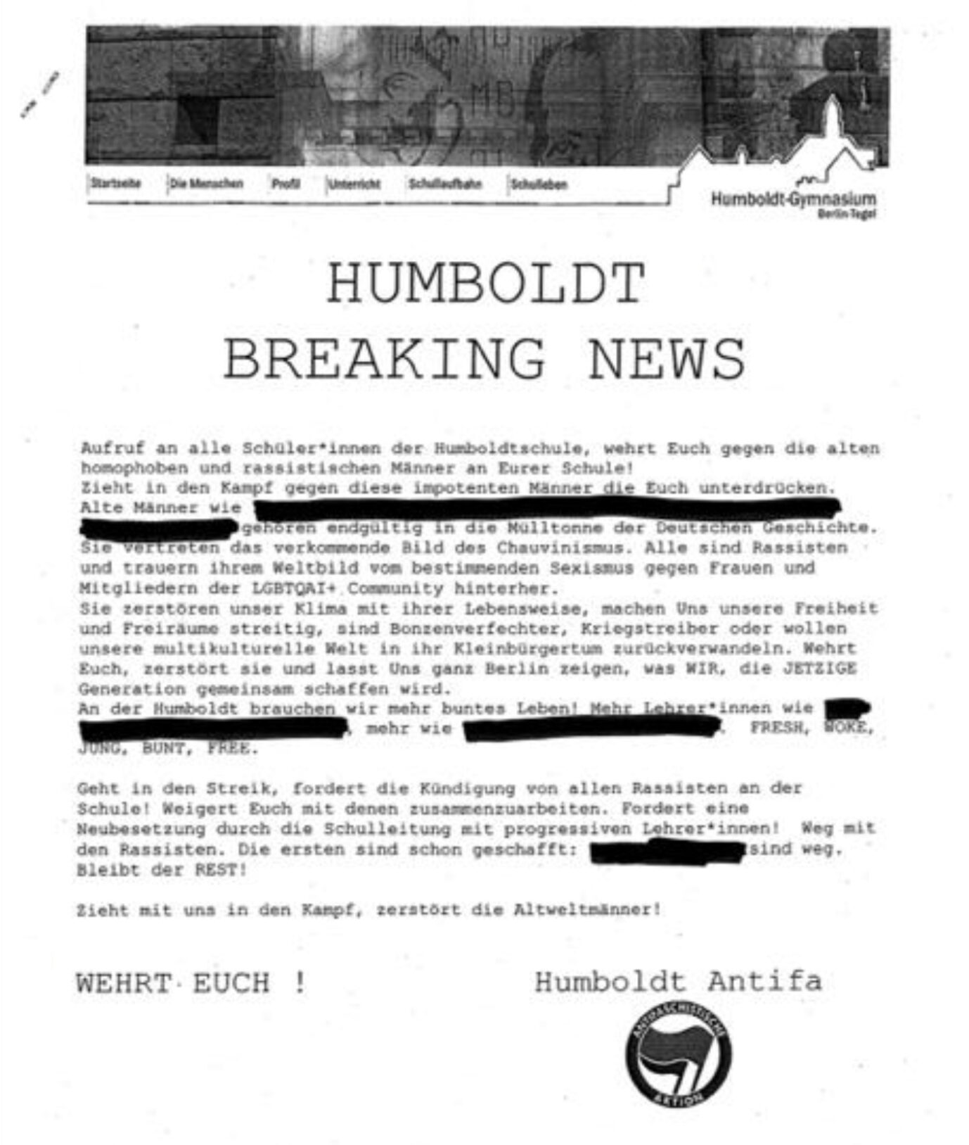 Výhružný dopis Antify na berlínském Humboldtově gymnáziu v Tegelu